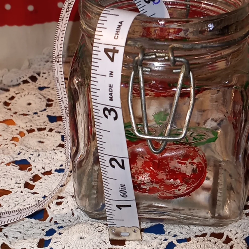 VINTAGE RETRO GLASS 4 SIDED HAND PAINTED DISTRESSED SQUARE APPLE SUGAR JAR